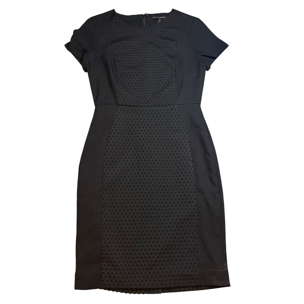 Banana Republic Black Textured Sheath Dress Short Sleeve Petite 0P Swiss Dot